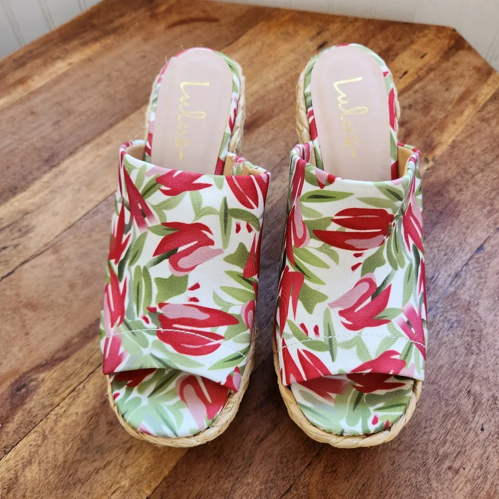 LULUS Ervyn Paradise Tropical Print Raffia Espadrille Platform Slide Sandals 7.5